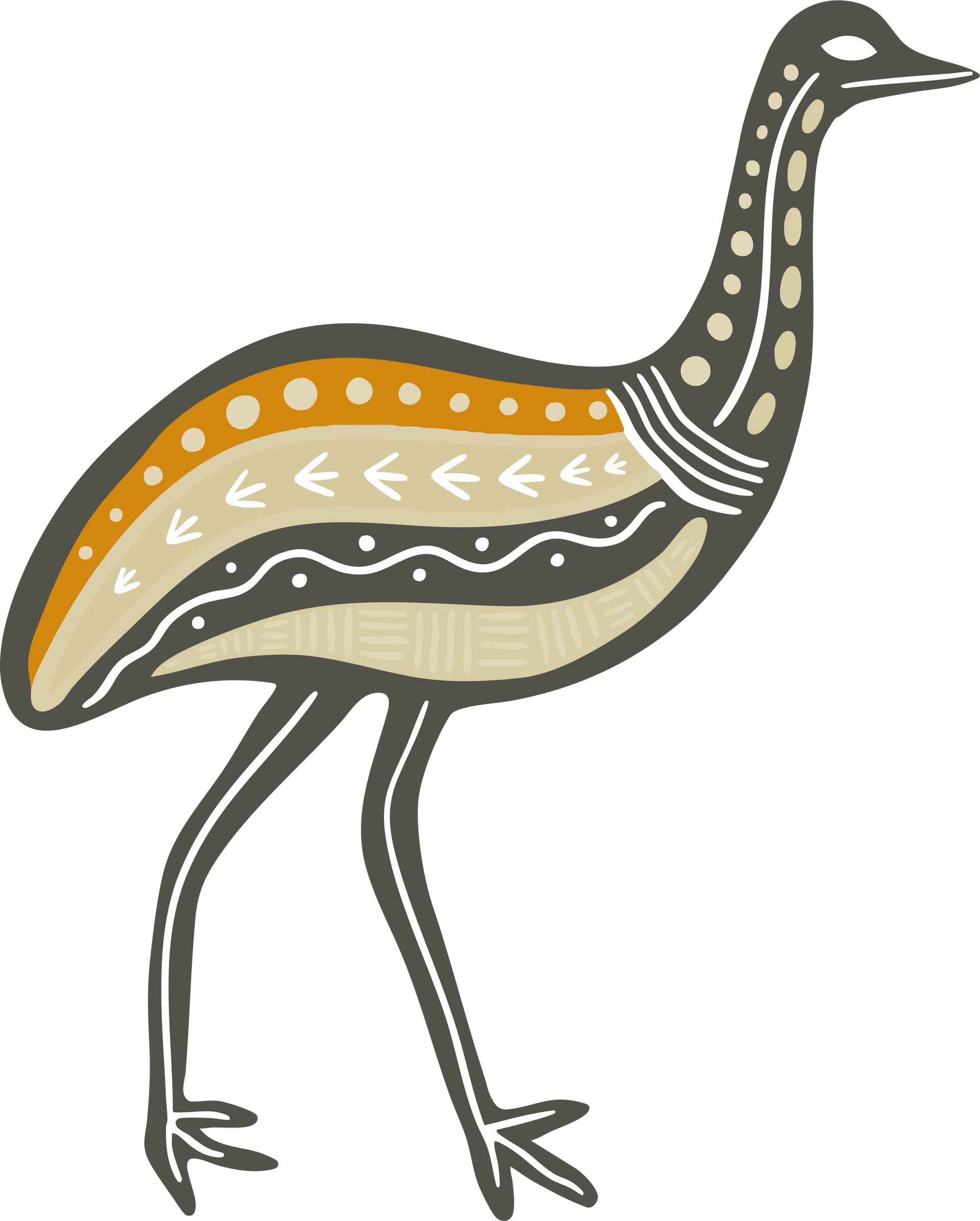Stylized bird illustration in orange, tan, and gray, with Aboriginal art-style patterns.