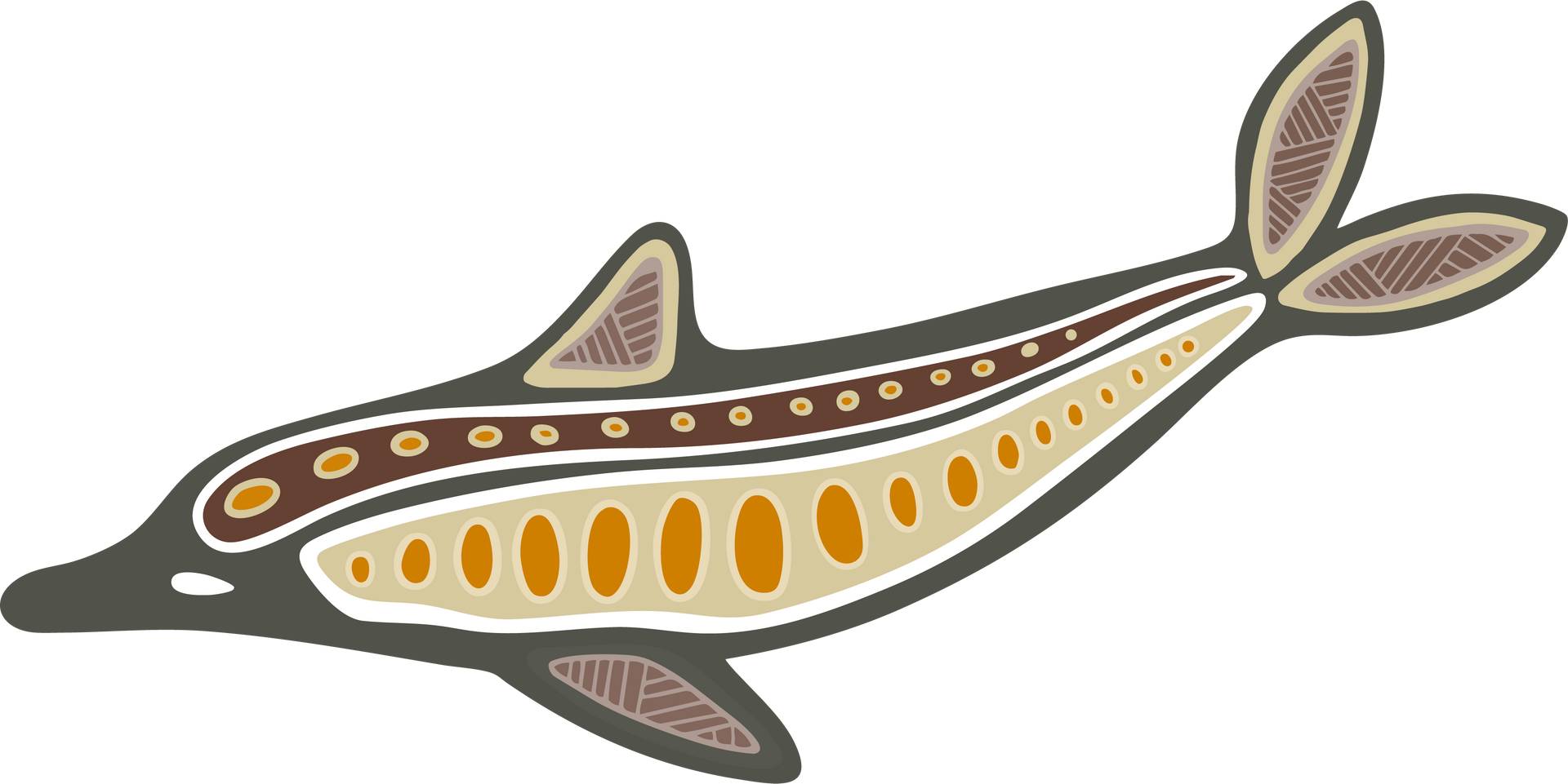 Stylized gray and brown dolphin illustration with tribal art accents.