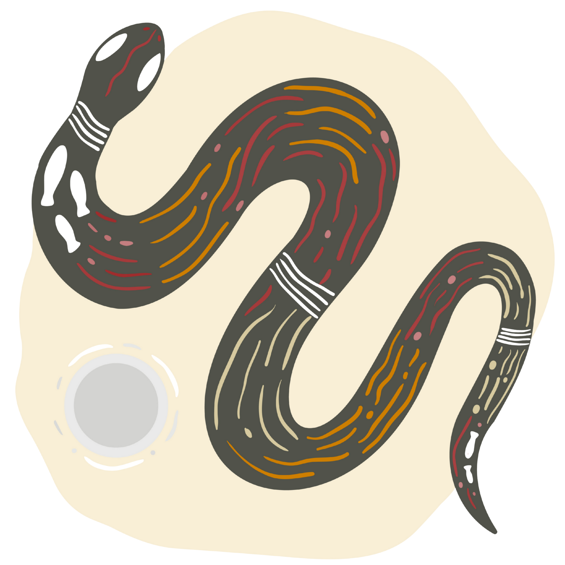 Dark snake with floral and leaf patterns on a cream background, near a grey moon.