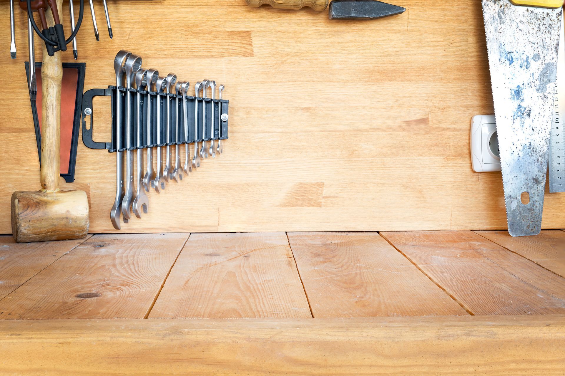 Wooden workbench with tools Wooden workbench with tools
