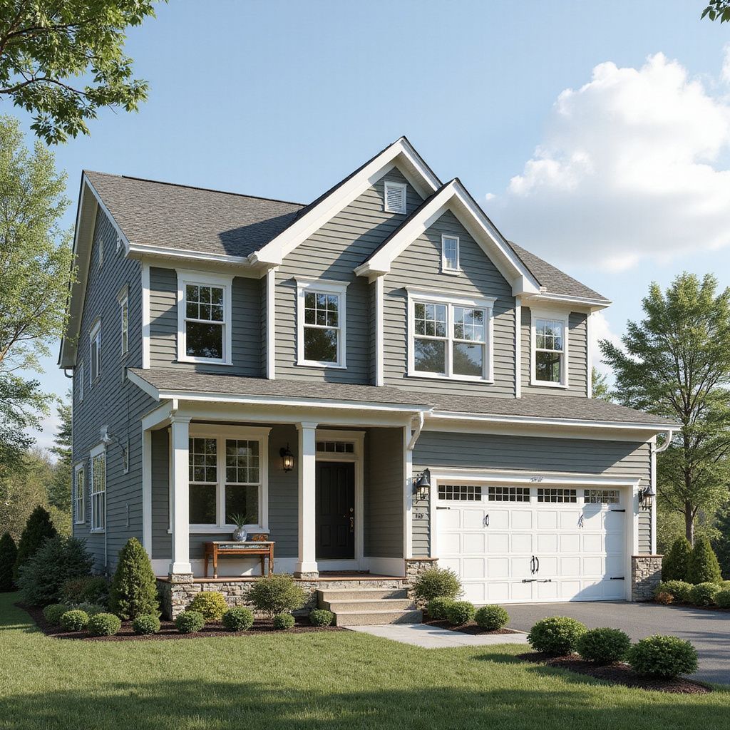 Two-story gray house with white trim, porch, and garage. Landscaped front yard with blue sky.