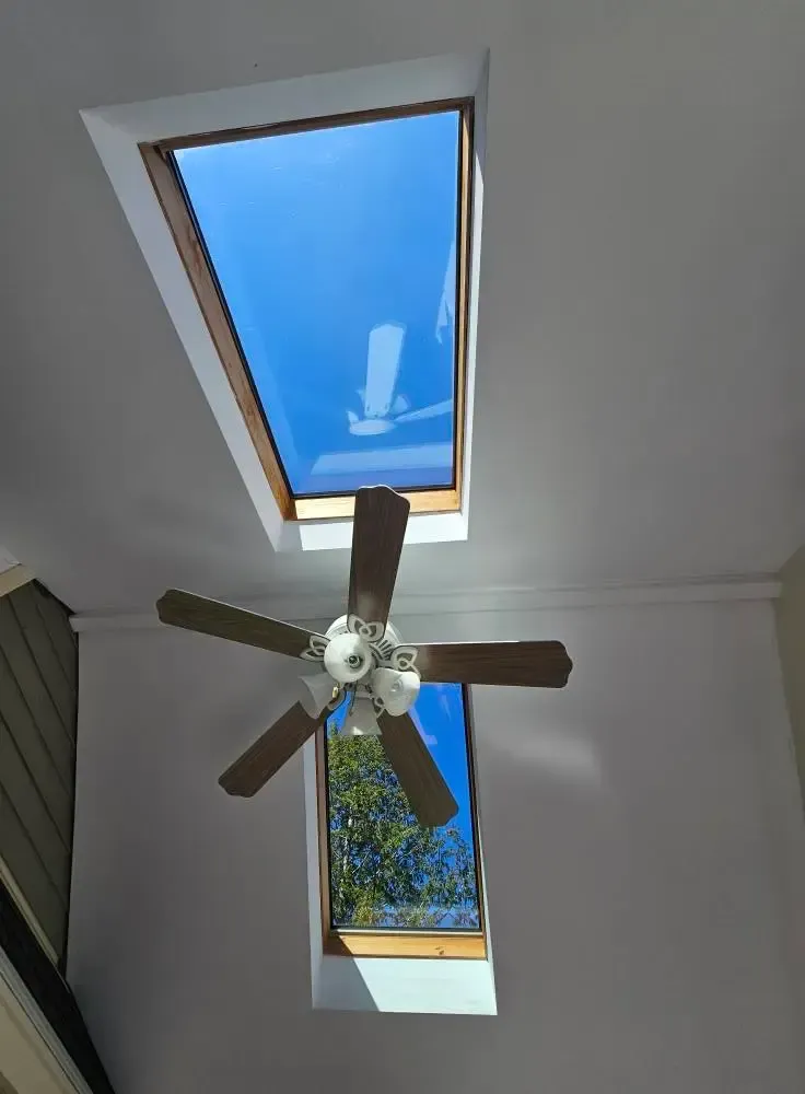 Two skylights in a white ceiling with a ceiling fan beneath. Blue sky visible through the windows.