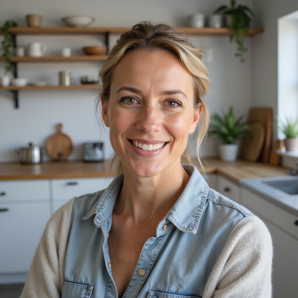 Woman smiles in kitchen, wearing a denim shirt and beige sweater, with wooden shelves and countertops in the background.