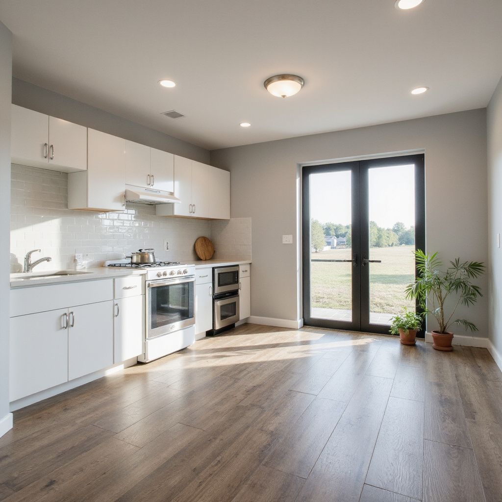 White kitchen with stainless steel appliances, wood floor, and large glass doors to a field.
