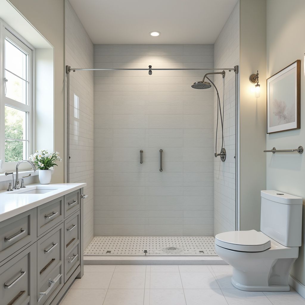 Bathroom with a gray vanity, glass shower, and white toilet.