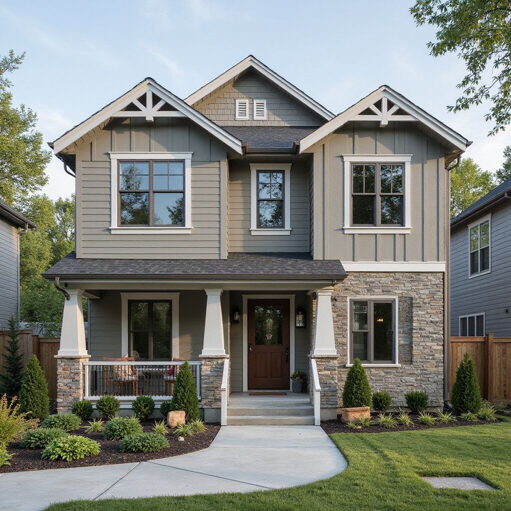 Two-story house with gray siding, stone accents, brown door, and front porch. Landscaping and walkway.