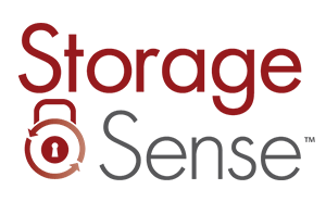 A red and white logo for storage sense
