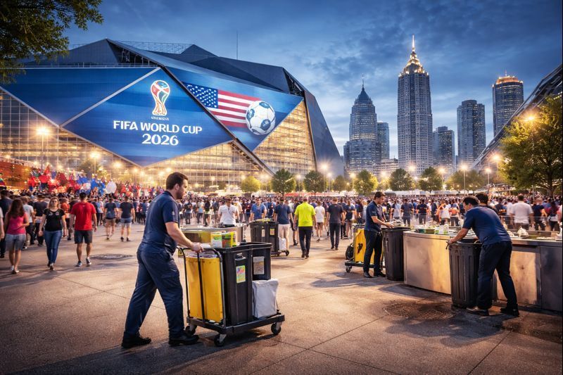 Large-scale Atlanta event venue operating under World Cup 2026 conditions, showing coordinated facility operations, waste management, and continuous maintenance during peak international attendance.