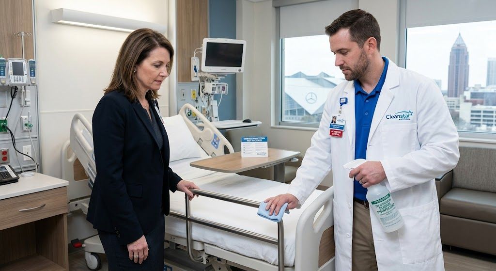 A Cleanstar National infection prevention specialist in a white lab coat demonstrates proper disinfection techniques to a hospital administrator. He is actively wiping the metal rail of a hospital bed using a cloth and spray bottle. The administrator watches intently in a modern patient room equipped with medical monitors and a window view of a city skyline.