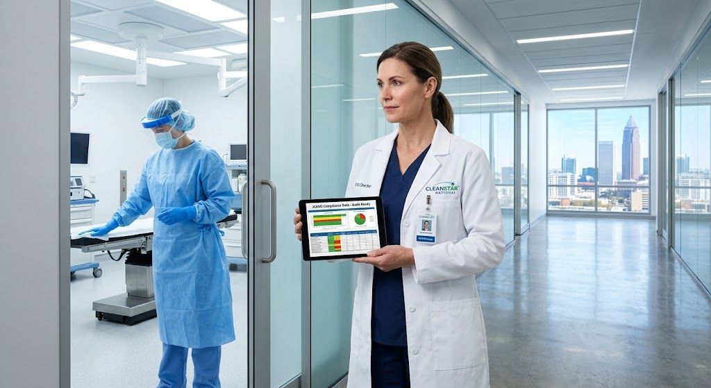 A woman identified by a lab coat and ID tag as an EVS Director stands in a hospital hallway holding a tablet. The tablet screen displays compliance data under the heading 'JCAHO Compliance Data - Audit Ready.' She is positioned next to an operating room where a worker in full sterile PPE is visible cleaning. In the background, through windows, the Atlanta city skyline is visible.