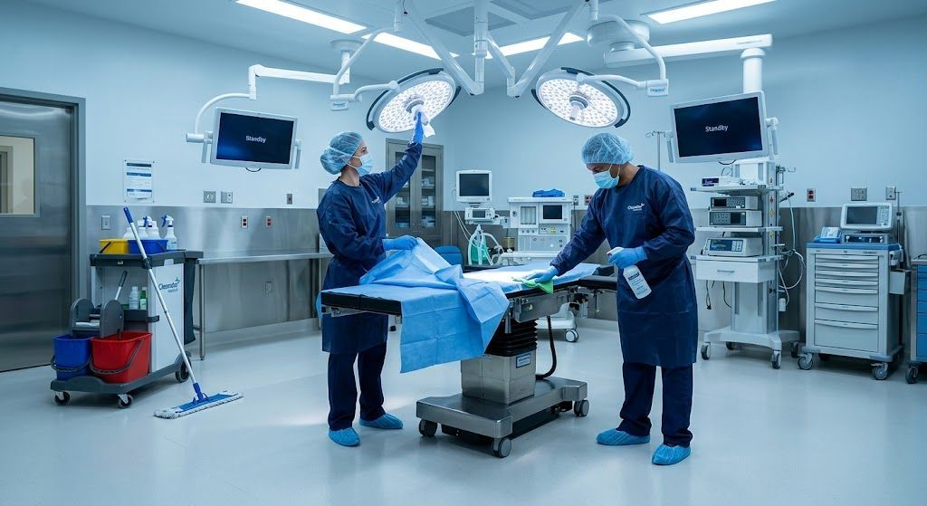Two specialized Cleanstar National technicians in full sterile blue PPE perform terminal cleaning in a modern Atlanta operating room. One wipes down a large overhead surgical light while the other disinfects the main surgical table using clinical-grade solutions. A cleaning cart with color-coded buckets is visible in the background.