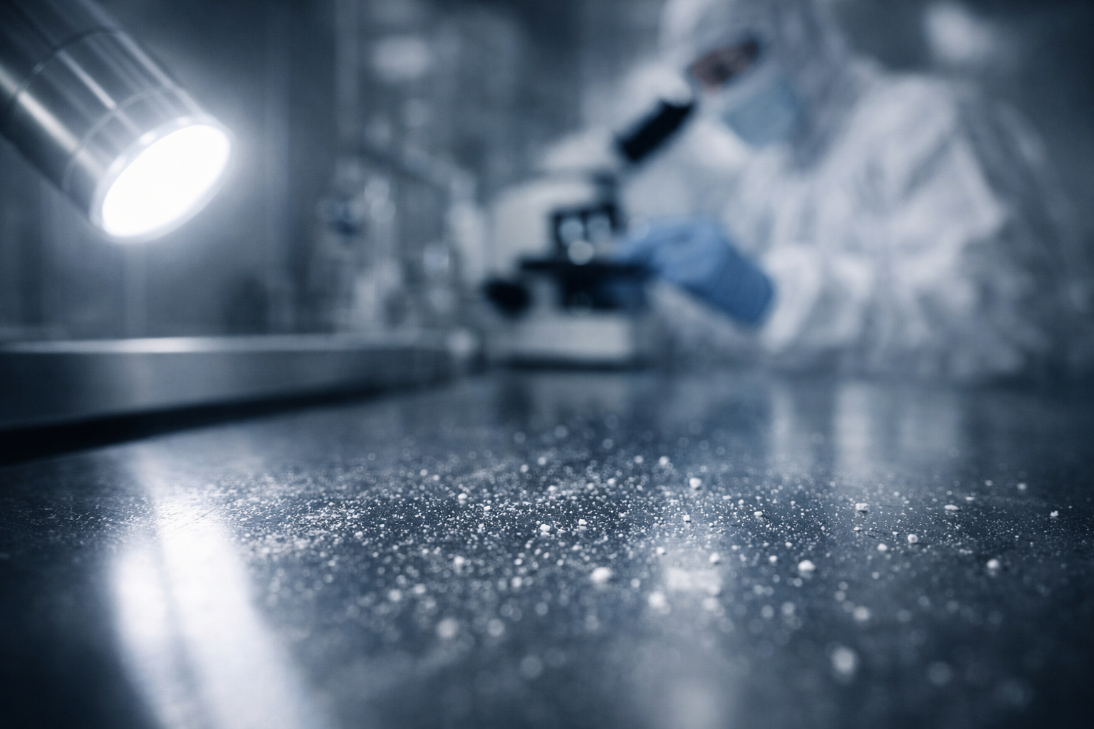 Close-up of cleanroom surface testing for residue buildup to ensure GMP compliance.