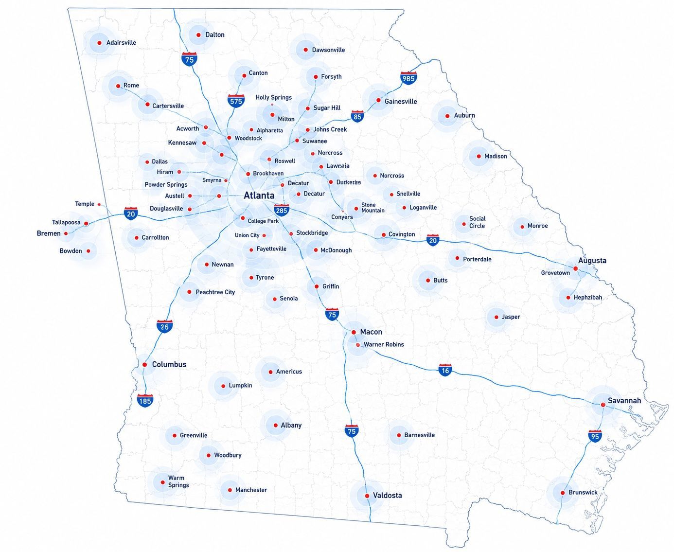 Cleanstar National commercial cleaning, janitorial, warehouse, medical, healthcare, and construction cleaning service areas across Georgia