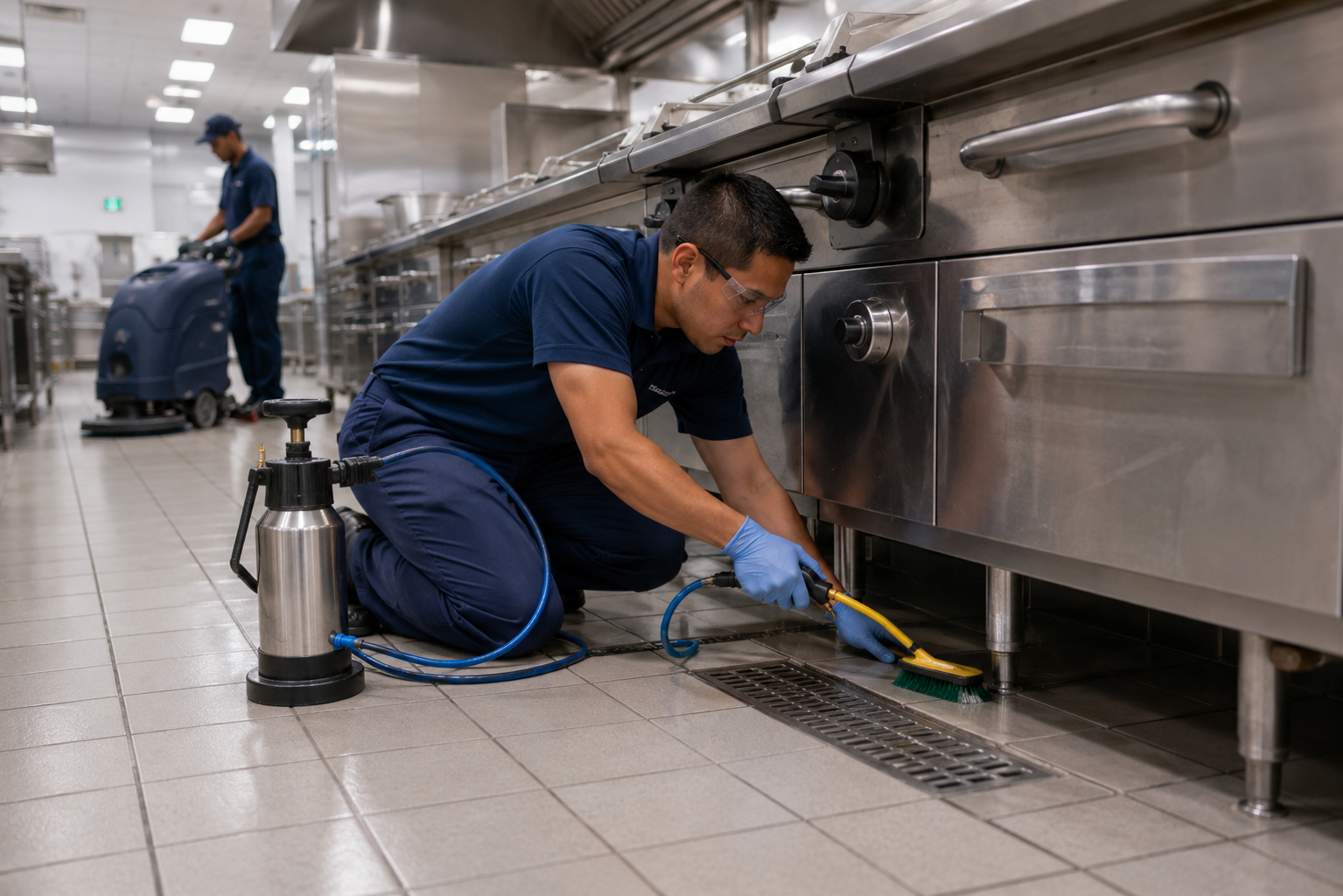 Technician cleaning beneath commercial kitchen equipment while a floor scrubber operates nearby