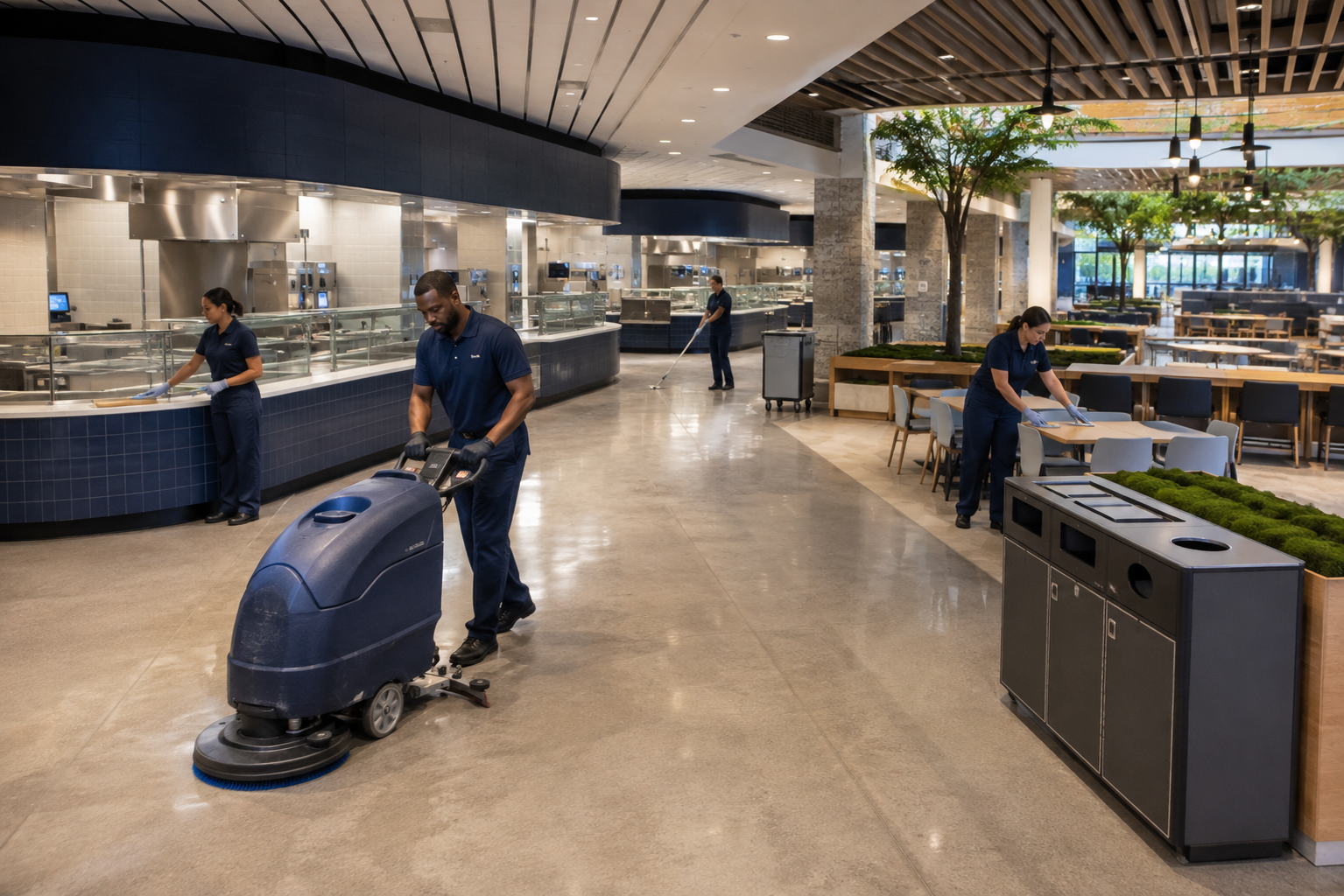 Professional cleaning crew maintaining a large cafeteria and food-service environment