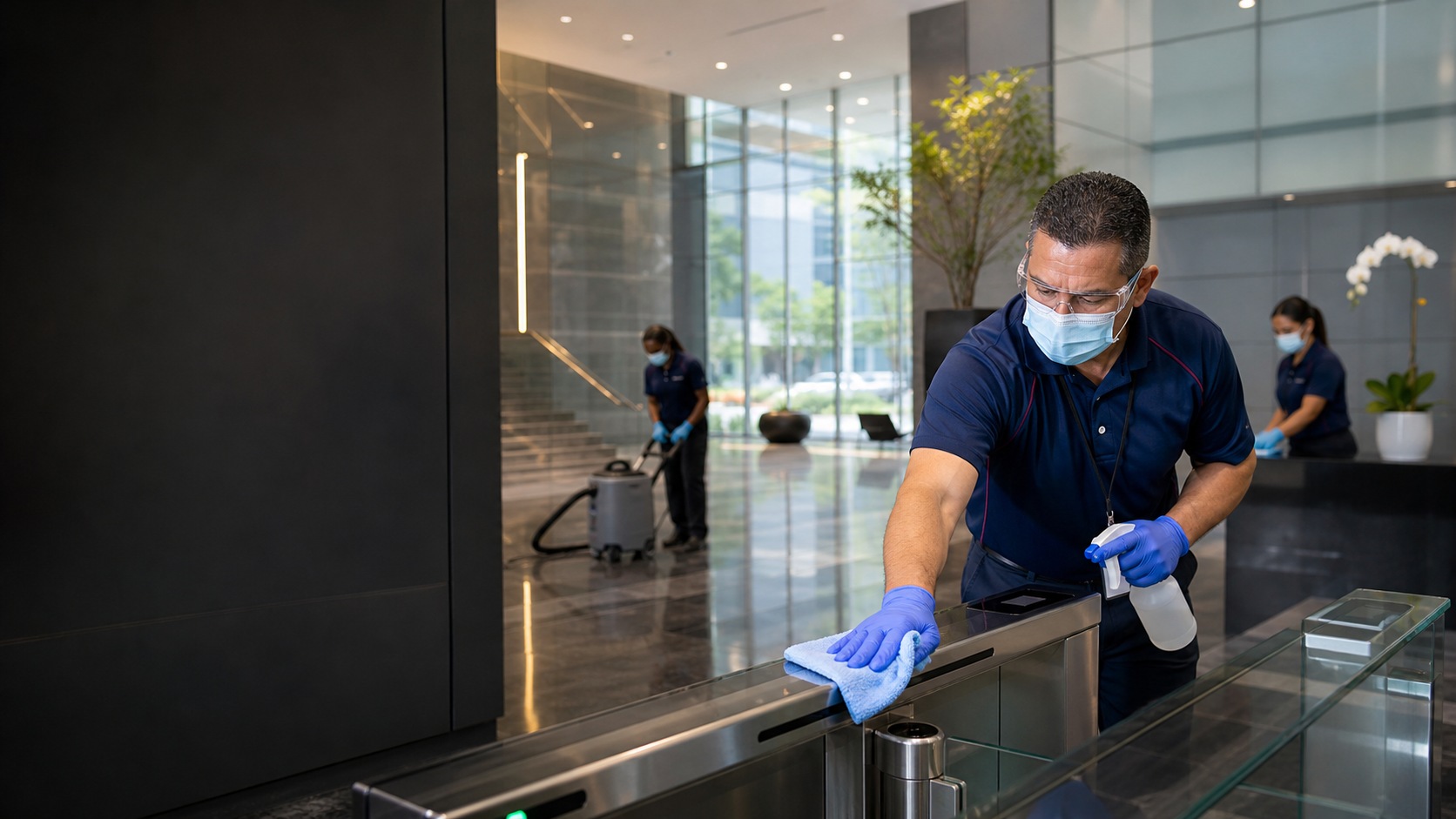 Commercial cleaning team cleaning high touch surfaces inside a modern facility