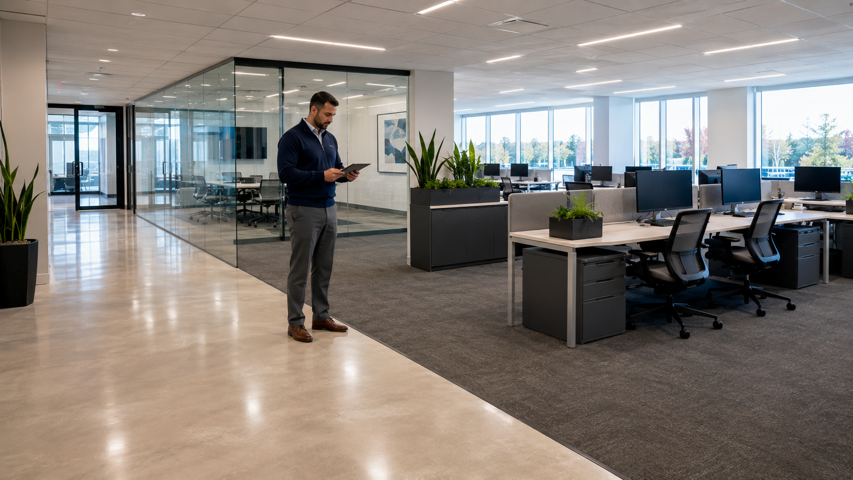 Facility representative and commercial cleaning supervisor conducting an office walkthrough