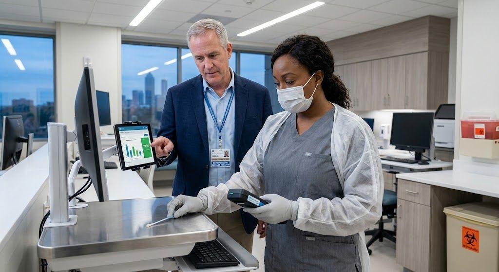A specialized Cleanstar National technician uses a digital ATP luminometer to swab a hospital workstation while an EVS Director reviews the data in a modern Atlanta medical facility.