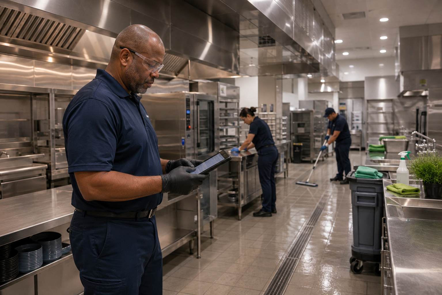 Commercial cleaning supervisor reviewing a digital quality checklist in a large kitchen