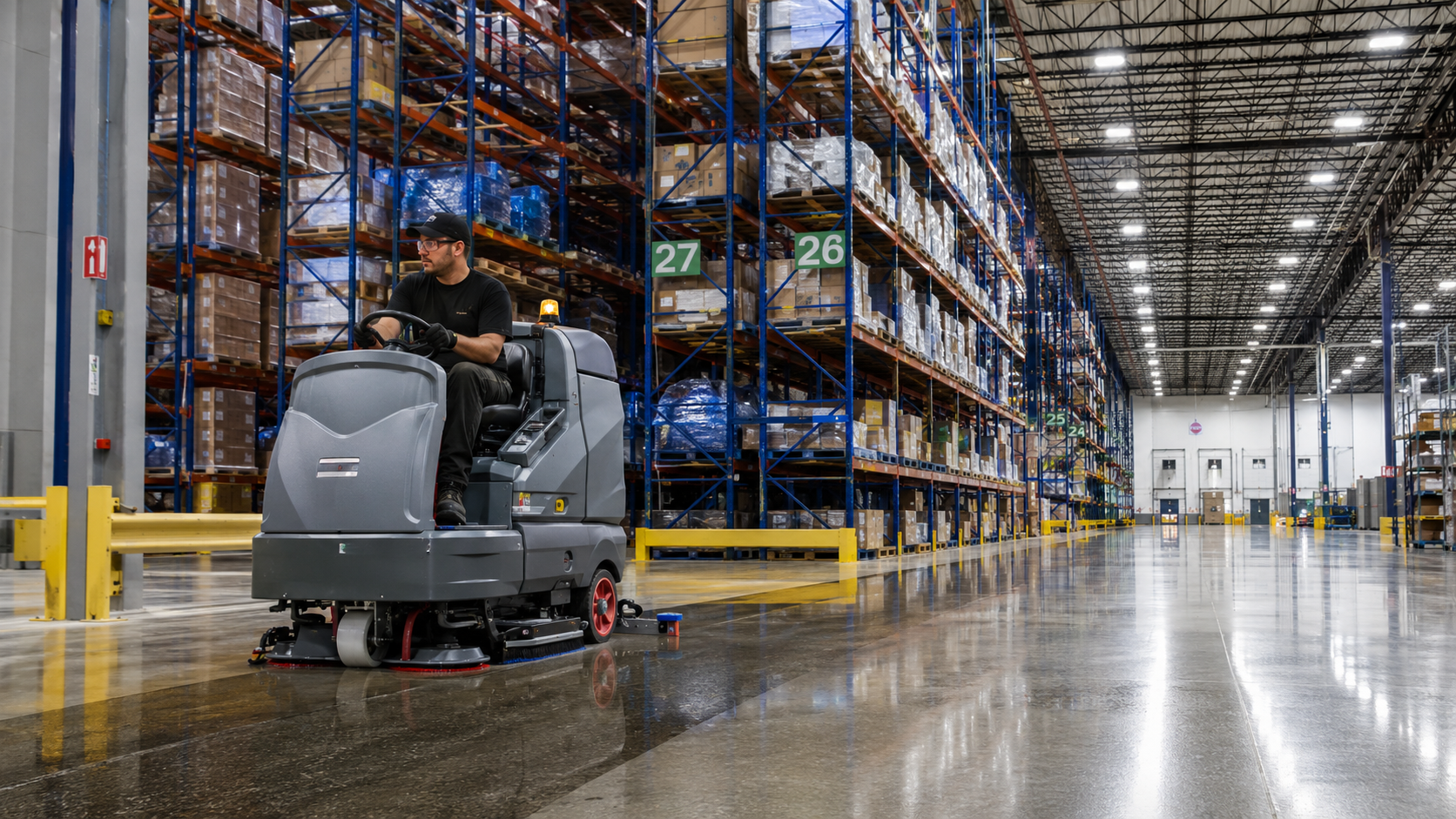 Clean warehouse aisle for industrial and distribution facility cleaning support