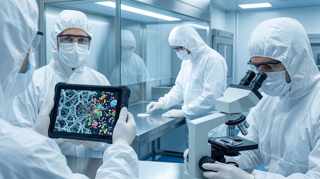 A Cleanstar National critical environment team in a biotech cleanroom, where a technician holds a tablet displaying an intricate data visualization of active biofilm and airborne particulate contaminants.