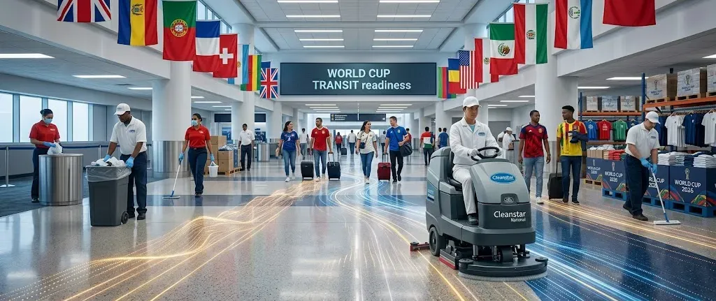 Cleanstar National crew cleaning an Atlanta airport terminal for the World Cup surge.