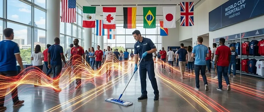 Cleanstar National uniformed day porter mops the lobby floor of a busy upscale Atlanta hotel with World Cup fans.