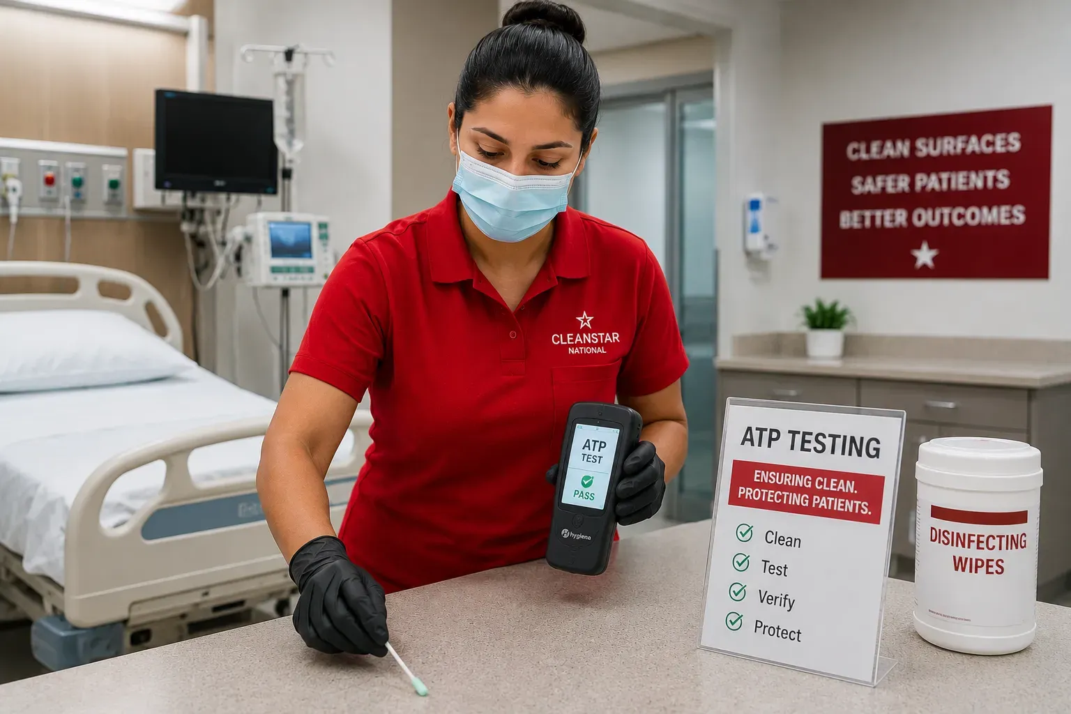 Healthcare professional performing ATP surface testing inside a modern Atlanta hospital environment focused on infection control and patient safety