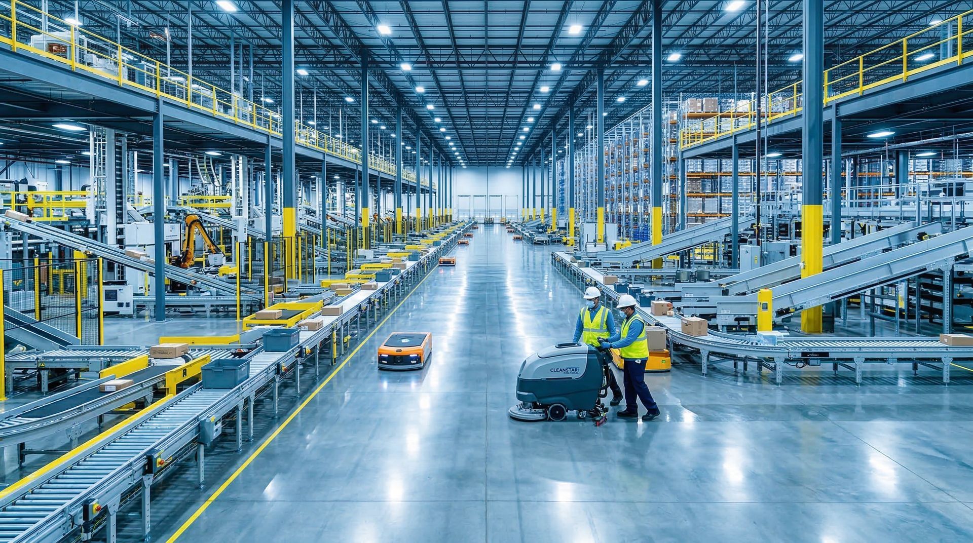 Professional Cleanstar technician using a HEPA backpack vacuum to safely remove micro-dust from optical sensors on a conveyor belt inside an automated fulfillment center in Atlanta, Georgia.