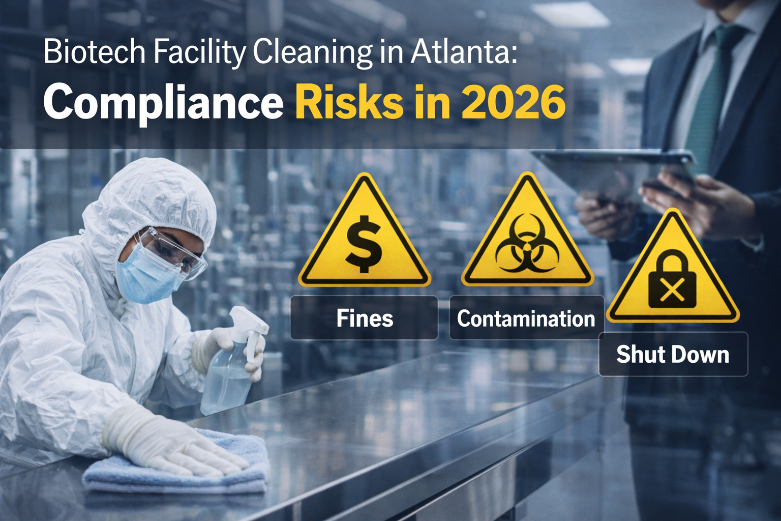 Biotech facility cleaning in Atlanta cleanroom technician and supervisor reviewing sanitation protocol in sterile laboratory