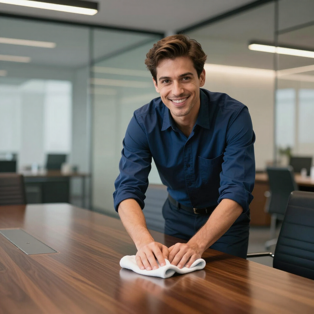 Cleaning professional wiping a conference table in a corporate office.