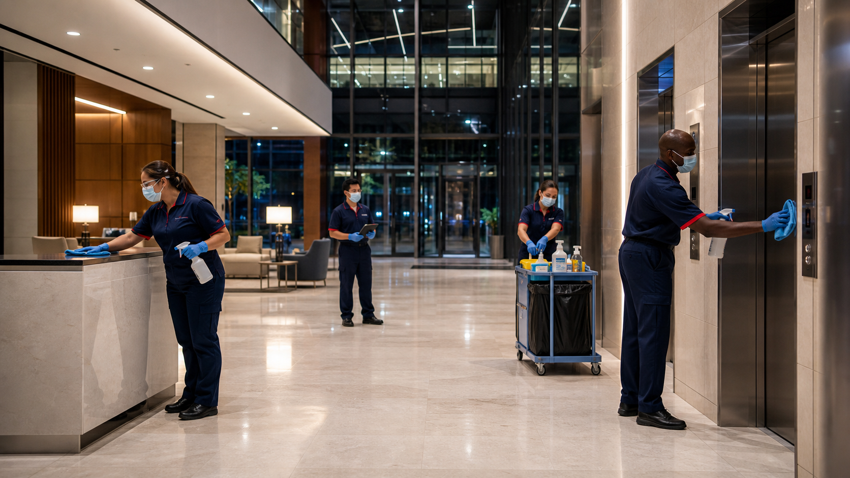 Professional janitorial staff executing enterprise commercial office cleaning in a modern Atlanta