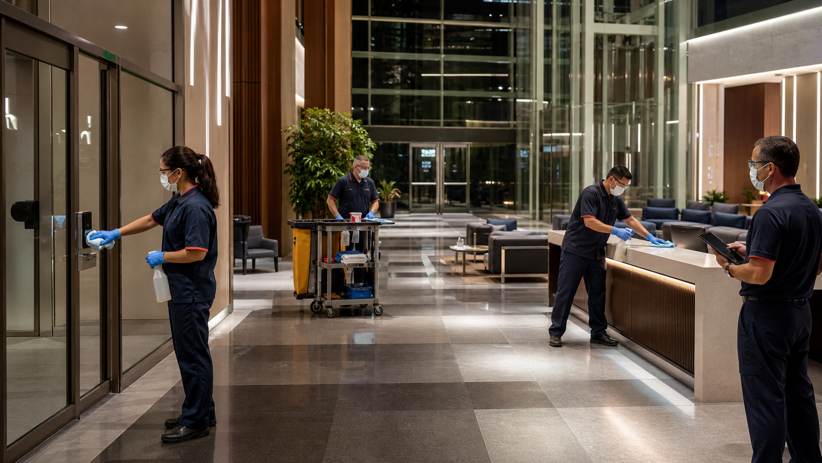 Commercial cleaning team working in a corporate common area during an evening service window.
