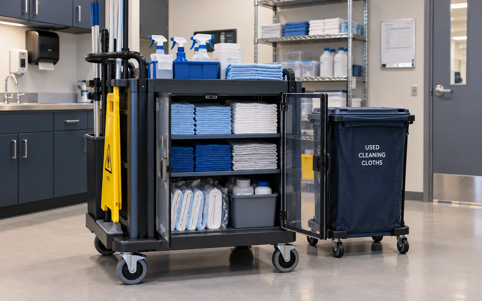 Healthcare cleaning supplies and material organization illustration