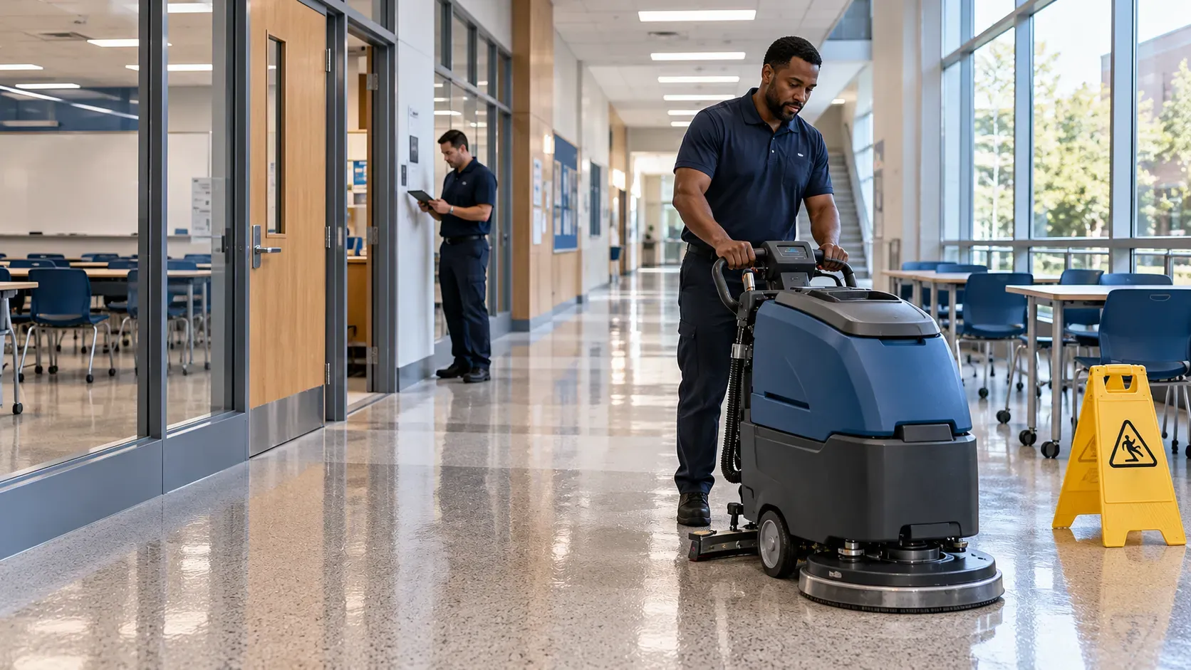 Cleaning technician operating a floor scrubber in a campus corridor while a supervisor reviews room
