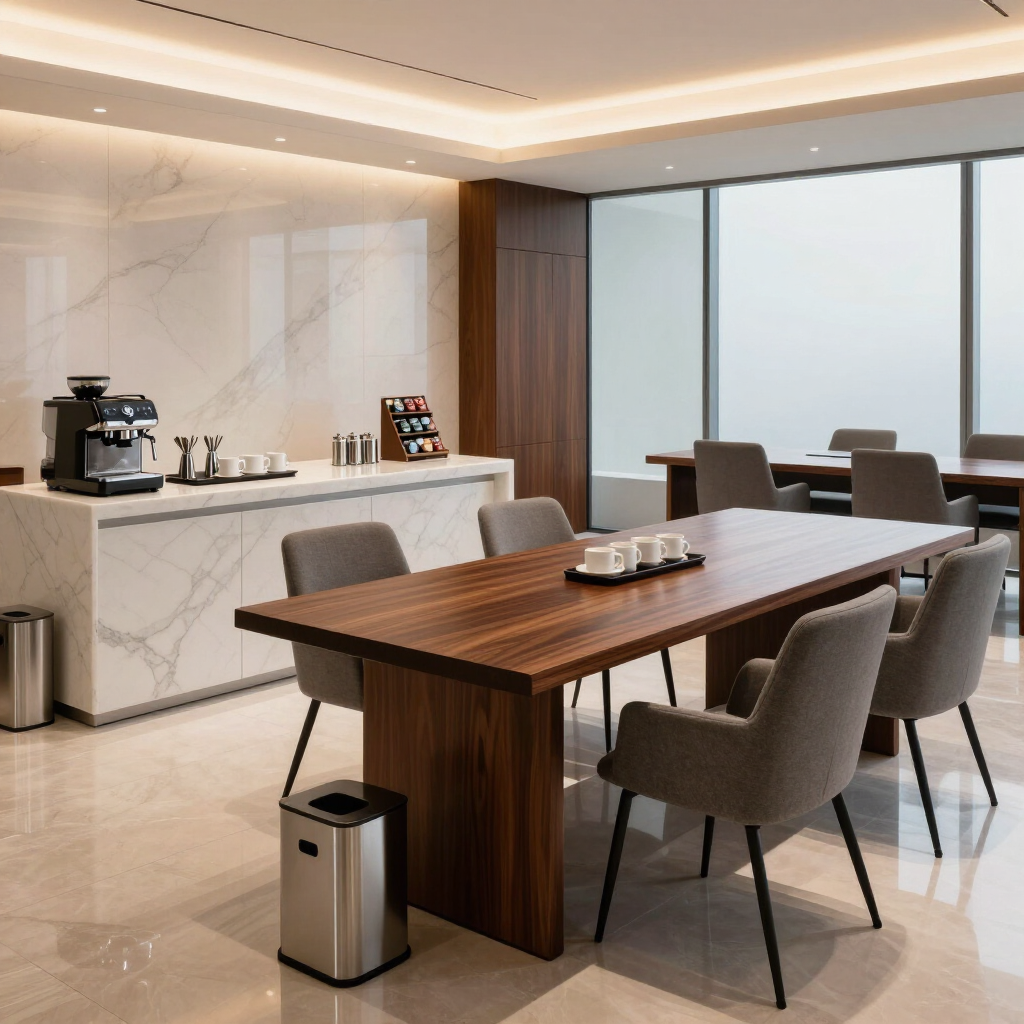 Office break room with clean tables, a coffee counter and waste bins.