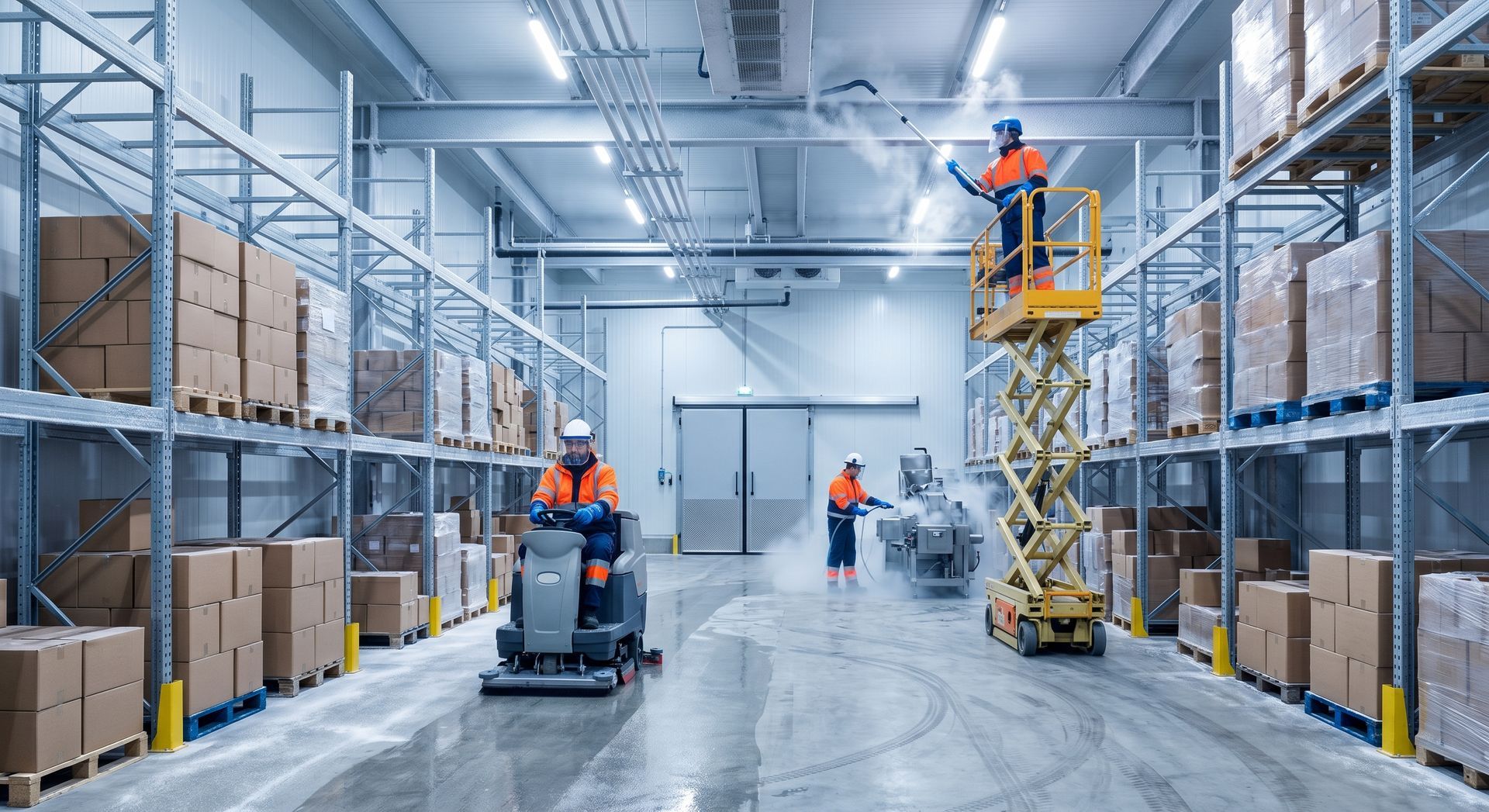 Zero-downtime, OSHA-compliant industrial cleaning for refrigerated warehouses and cold chain logistics centers across Metro Atlanta. Cleanstar National industrial sanitation professionals using heavy-duty scrubbers and high-reach equipment to deep clean a commercial cold storage warehouse and blast freezer facility in Atlanta.