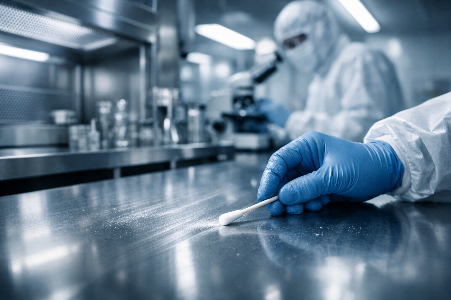 Professional technician performing biotech facility cleaning to remove chemical residue in a sterile cleanroom.