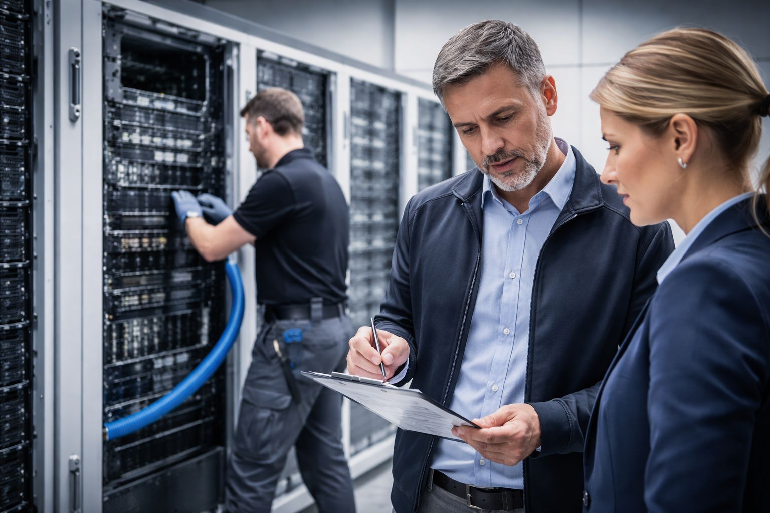 Facility managers reviewing cleaning protocols inside a mission critical data center environment.