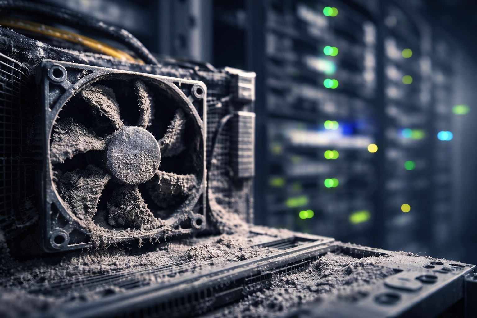 Dust buildup on a server cooling fan inside a data center affecting airflow and system performance.