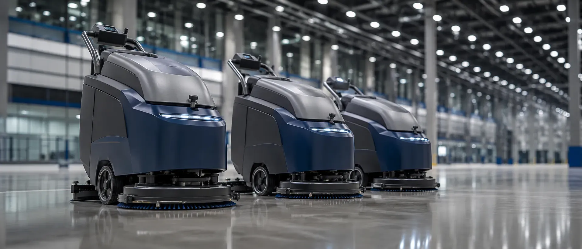 Enterprise janitorial services fleet in Atlanta featuring heavy-duty commercial floor scrubbers and 