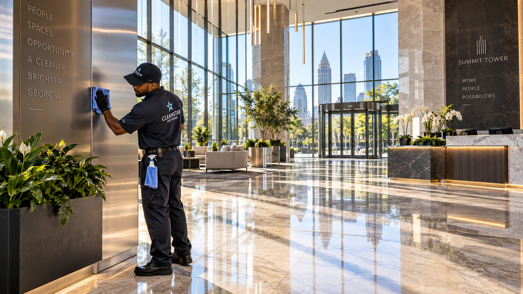 Final detail cleaning in a commercial lobby