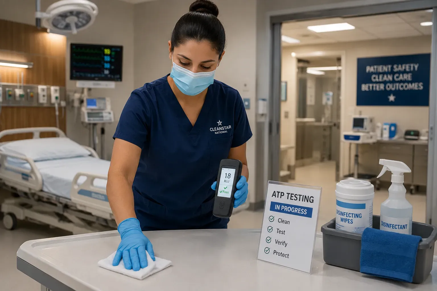 Healthcare environmental services professional performing hospital infection control cleaning inside a modern Atlanta medical facility