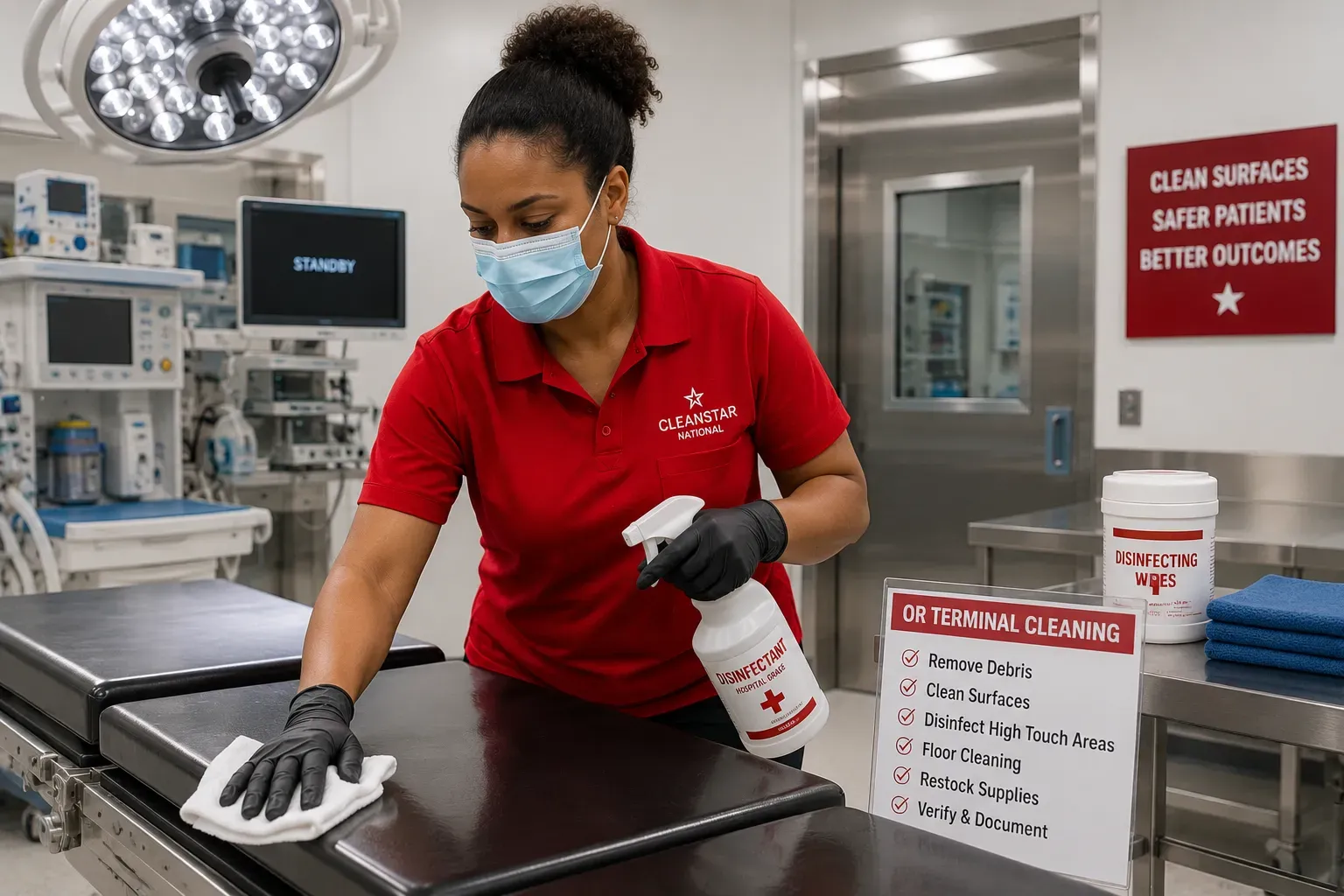 Healthcare cleaning professional disinfecting high touch operating room surfaces inside a modern Atlanta hospital surgical environment
