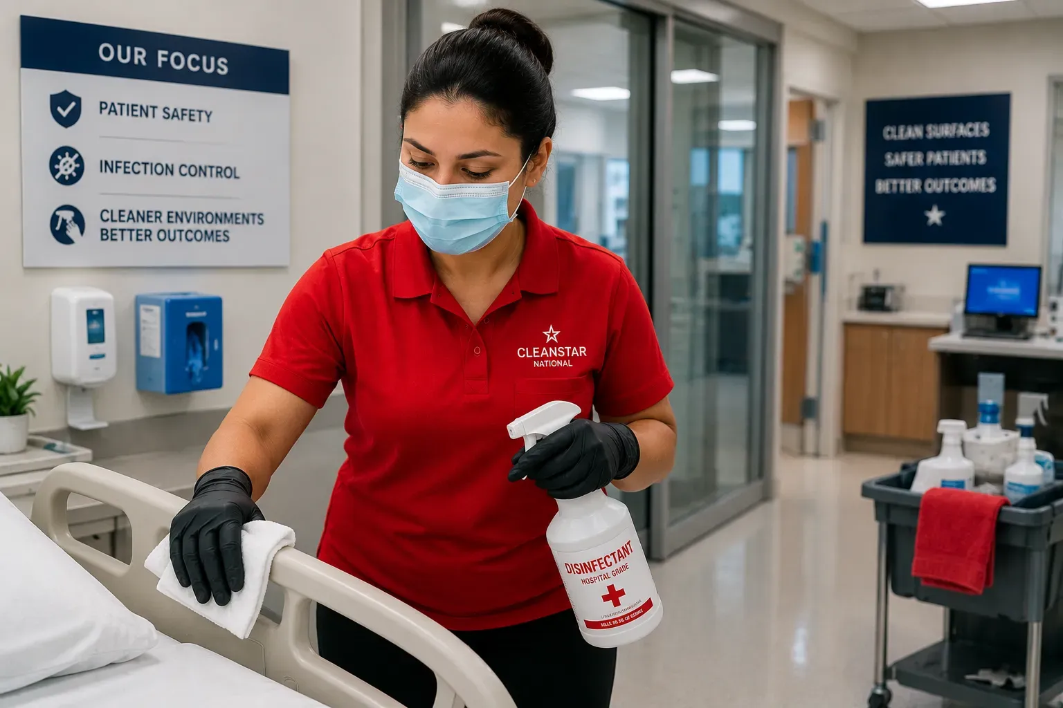 Healthcare cleaning professional disinfecting patient room surfaces inside a modern Atlanta hospital environment focused on infection control and patient safety