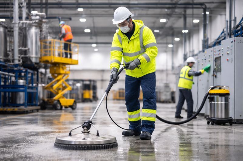 Man using a floor cleaner to clean an industrial space, showcasing top industrial cleaning services.