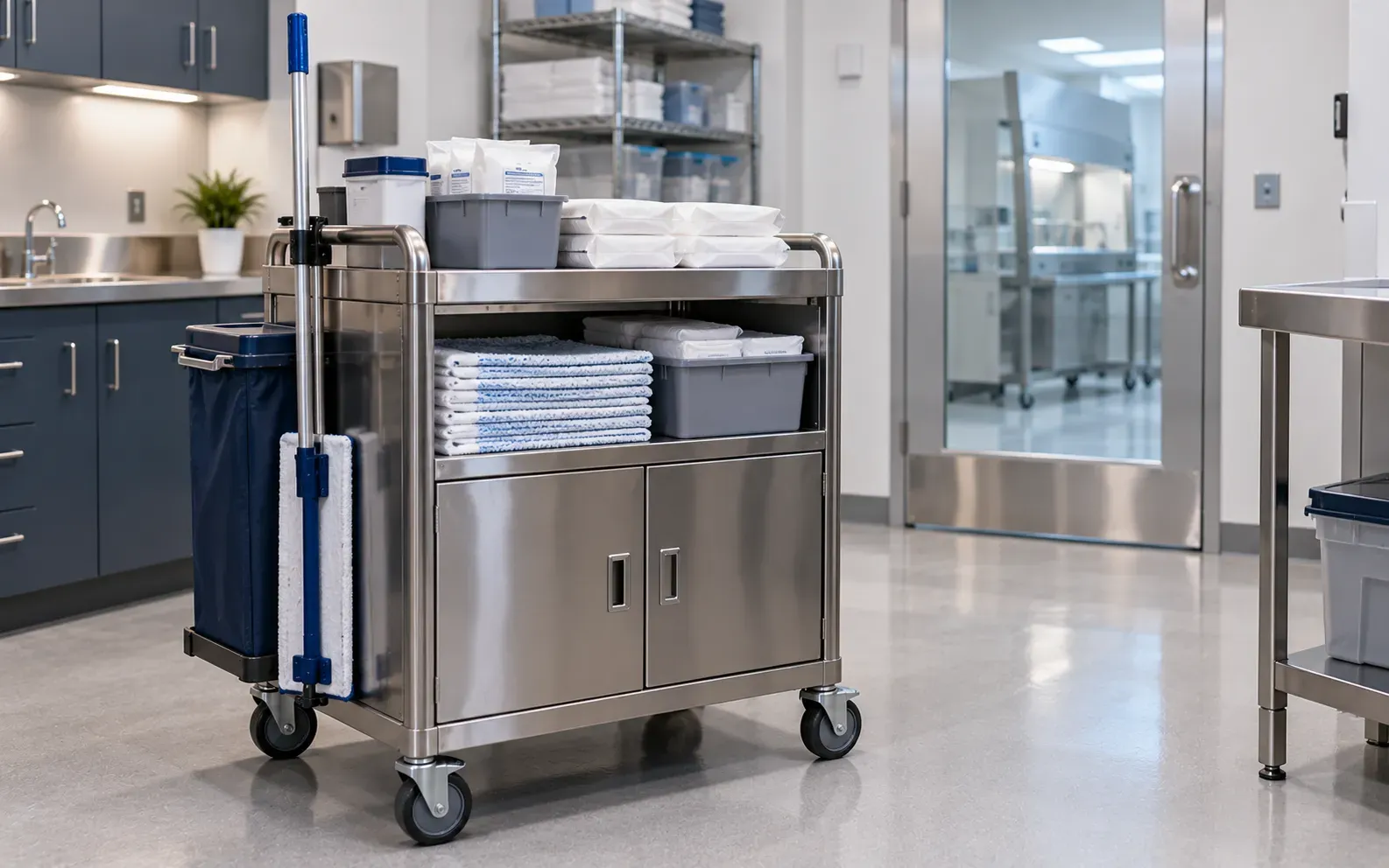 Pharmacy cleaning tools and supply preparation illustration