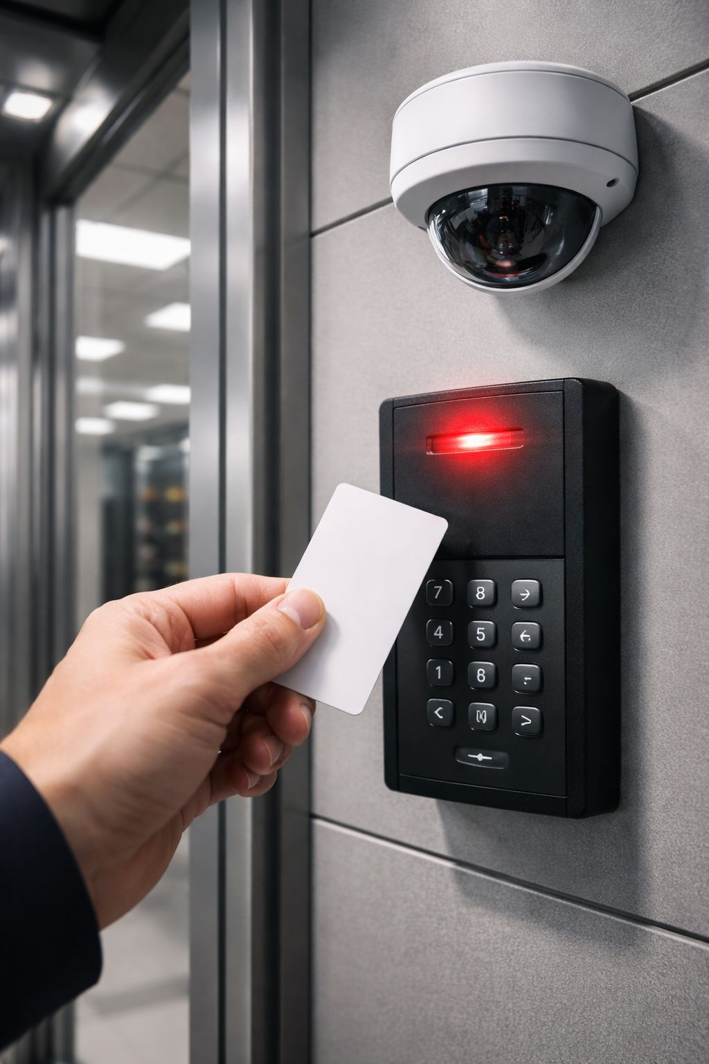 Secure access control system at a North Atlanta data center with keycard entry and surveillance camera.