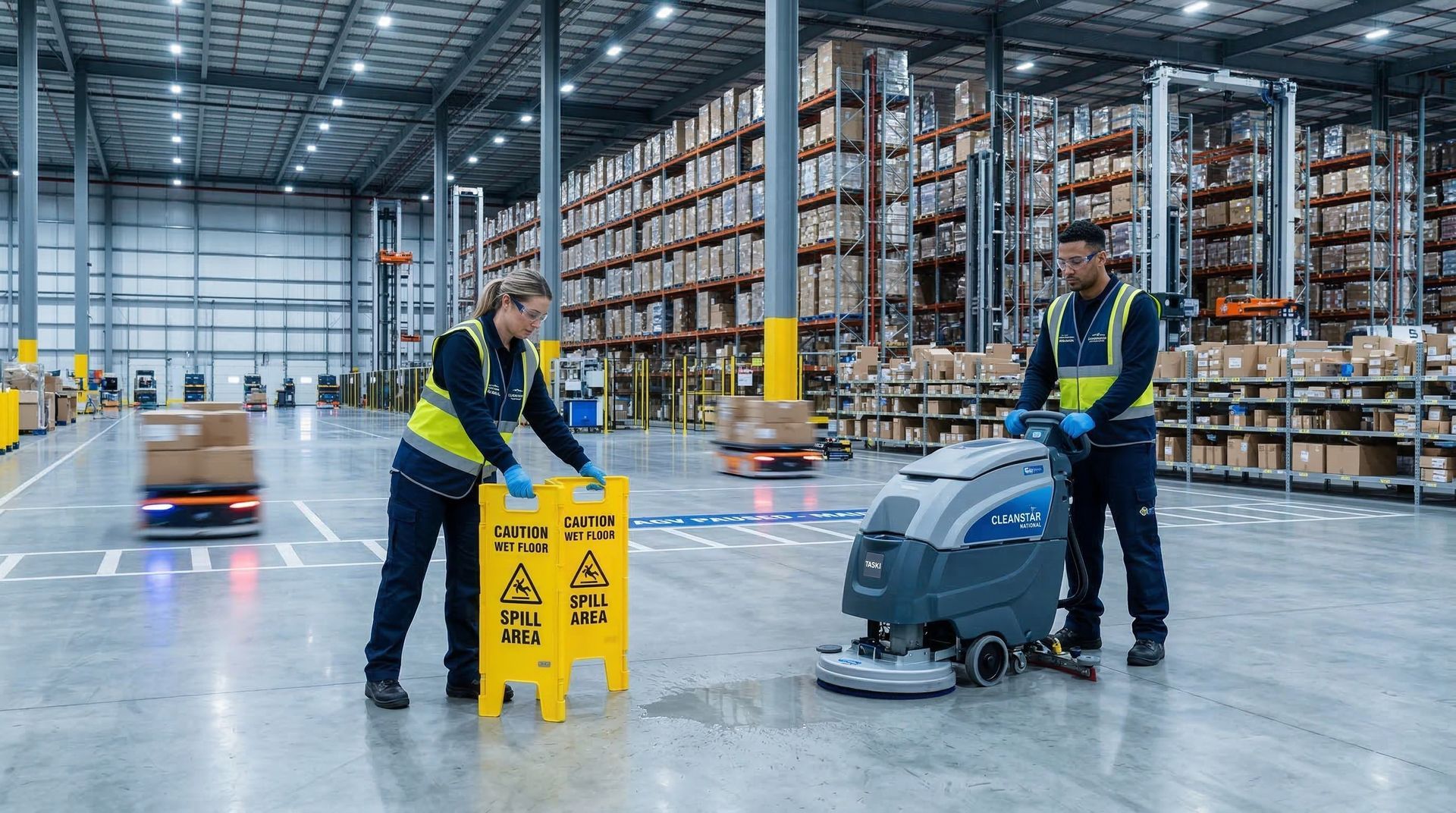 Professional Cleanstar National rapid-response cleaning team using a walk-behind industrial scrubber and high-visibility safety barricades to safely extract a liquid spill in an Atlanta automated distribution center.