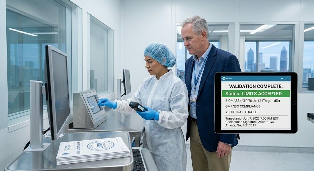 QA Director and technician reviewing successful FDA compliance audit data on a tablet in a cleanroom.